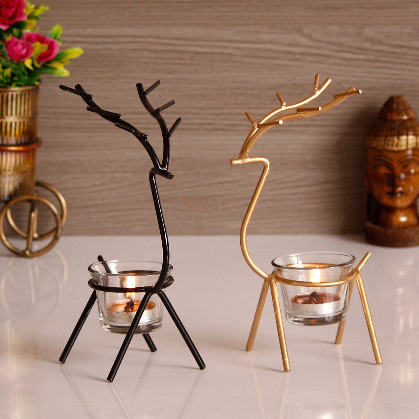 eCraftIndia Set of 2 Deer Shape Decorative Handcrafted Metal Tea Light Holder b1s18a-ff