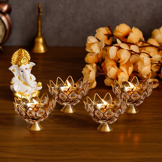 eCraftIndia Set of 4 Lotus Shape Crystal Tea Light Holder - Nexivo