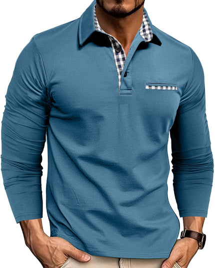 Casual Plaid Splicing Lapel Polo Shirt Fashion Solid Color Long Sleeve Top Men's Clothing