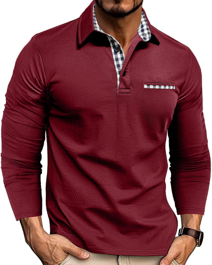 Casual Plaid Splicing Lapel Polo Shirt Fashion Solid Color Long Sleeve Top Men's Clothing