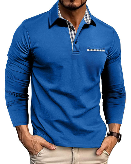 Casual Plaid Splicing Lapel Polo Shirt Fashion Solid Color Long Sleeve Top Men's Clothing