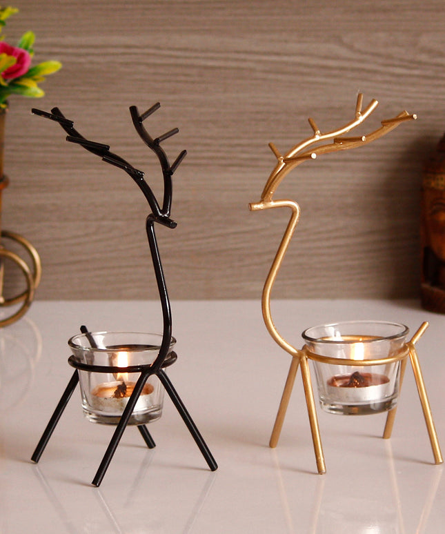 eCraftIndia Set of 2 Deer Shape Decorative Handcrafted Metal Tea Light Holder b1s18a-ff