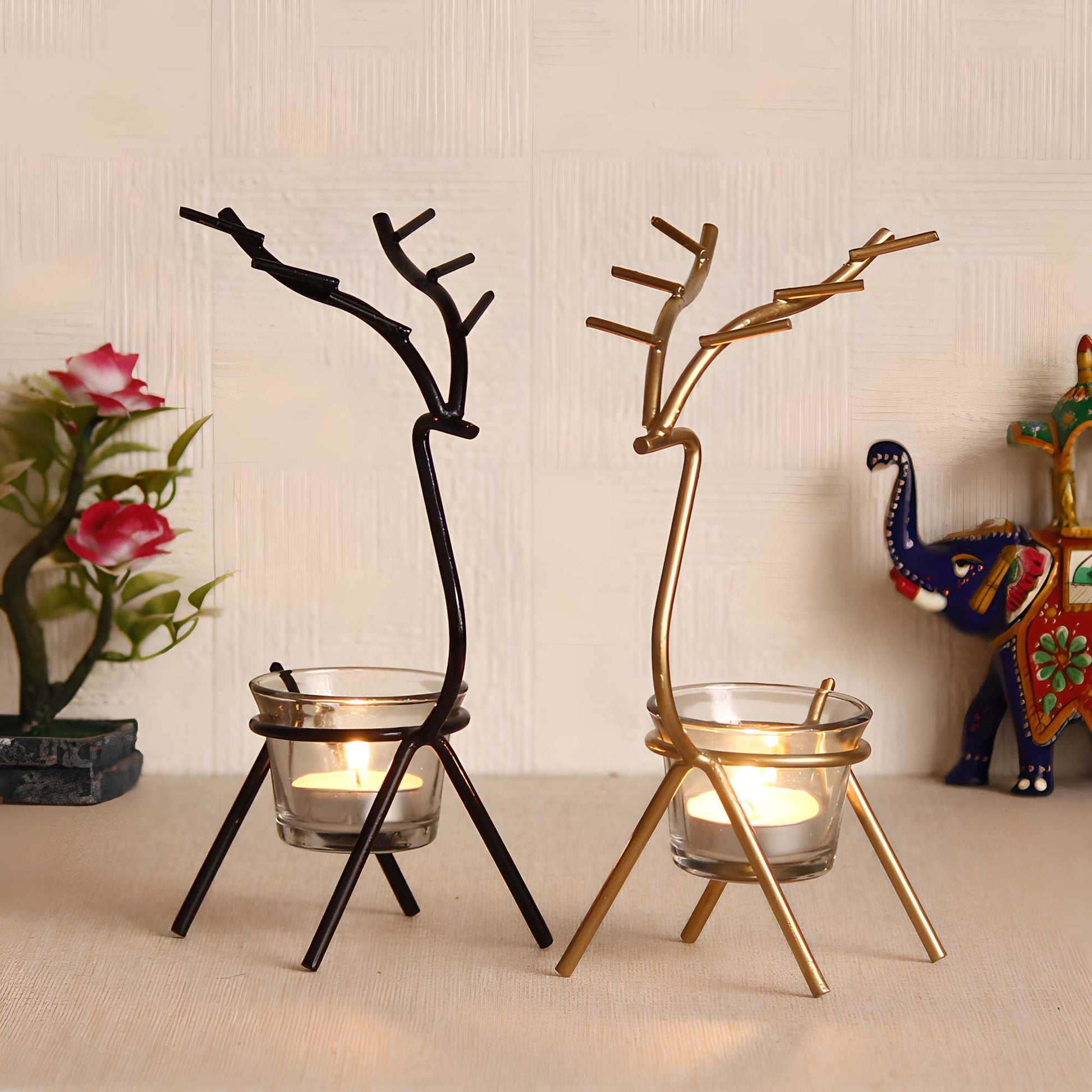 eCraftIndia Set of 2 Deer Shape Decorative Handcrafted Metal Tea Light Holder b1s18a-ff