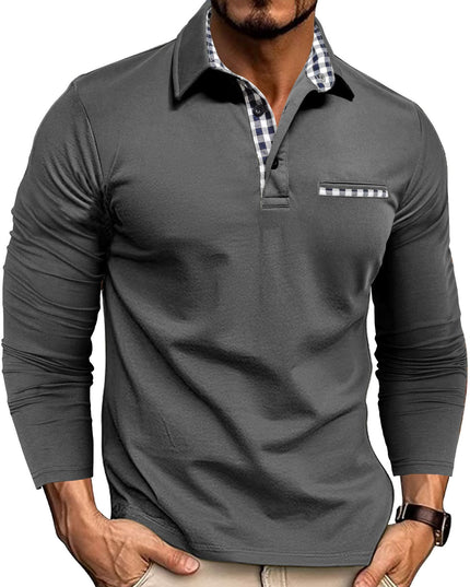 Casual Plaid Splicing Lapel Polo Shirt Fashion Solid Color Long Sleeve Top Men's Clothing