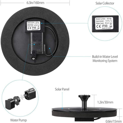 Fountain Solar Power Floating Water Pump for Pool Pond Garden and Patio Plants Round 7V 1.4W (Black) b1s18a-ff