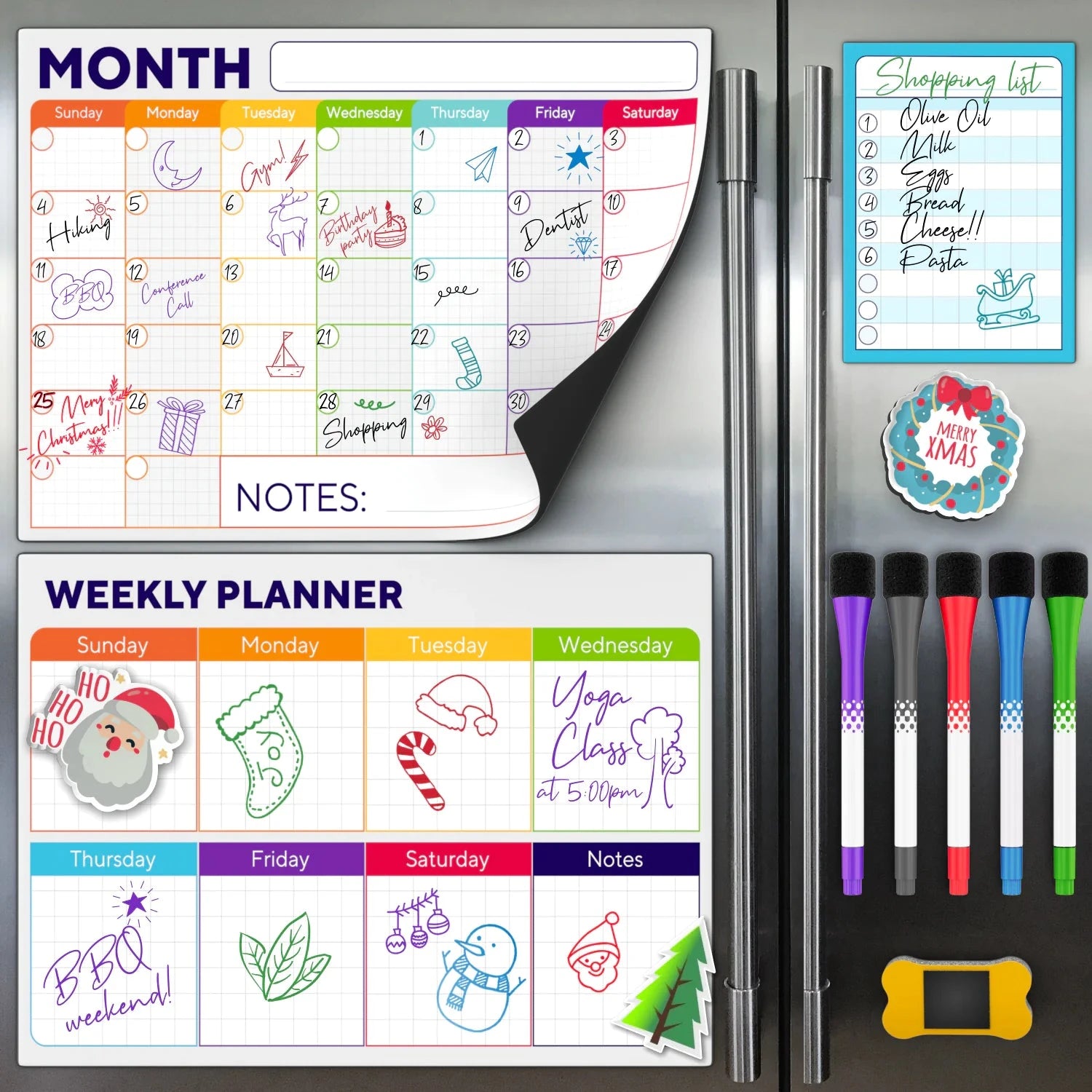 Beautiful Dry Erase Calendar Set of 3 - Magnetic Calendar for Refrigerator w/ Monthly, Weekly Planner & Daily Notepad - Whiteboard Fridge Planning Board - w/ Bonus 5 Premium Markers and Eraser NexivoEdge