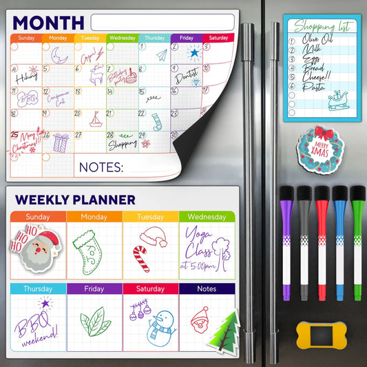 Beautiful Dry Erase Calendar Set of 3 - Magnetic Calendar for Refrigerator w/ Monthly, Weekly Planner & Daily Notepad - Whiteboard Fridge Planning Board - w/ Bonus 5 Premium Markers and Eraser NexivoEdge