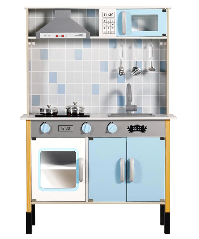 Kinder King Wooden Kids Play Kitchen Toy Kitchen Playset for Toddler Realistic Kitchen Sets w/Lights & Sounds Pretend Kitchen Hood Oven Kitchen Accessories Gift for Boys Girls Age 3+ Blue