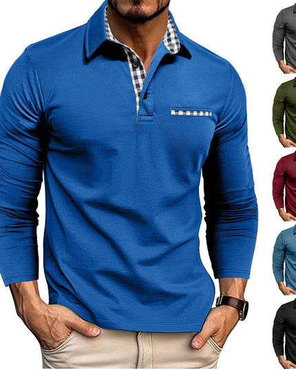 Casual Plaid Splicing Lapel Polo Shirt Fashion Solid Color Long Sleeve Top Men's Clothing NexivoEdge