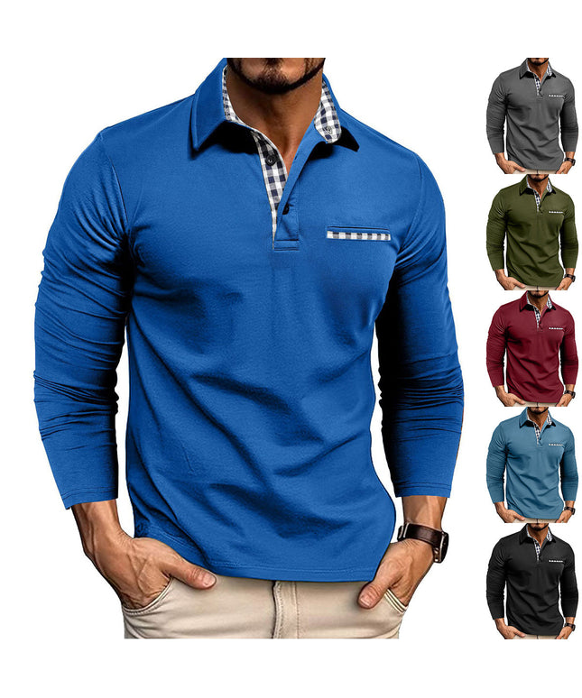 Casual Plaid Splicing Lapel Polo Shirt Fashion Solid Color Long Sleeve Top Men's Clothing NexivoEdge