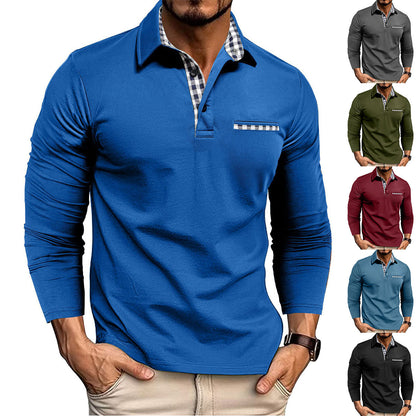 Casual Plaid Splicing Lapel Polo Shirt Fashion Solid Color Long Sleeve Top Men's Clothing NexivoEdge