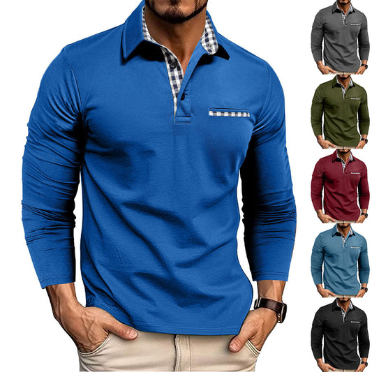 Casual Plaid Splicing Lapel Polo Shirt Fashion Solid Color Long Sleeve Top Men's Clothing NexivoEdge