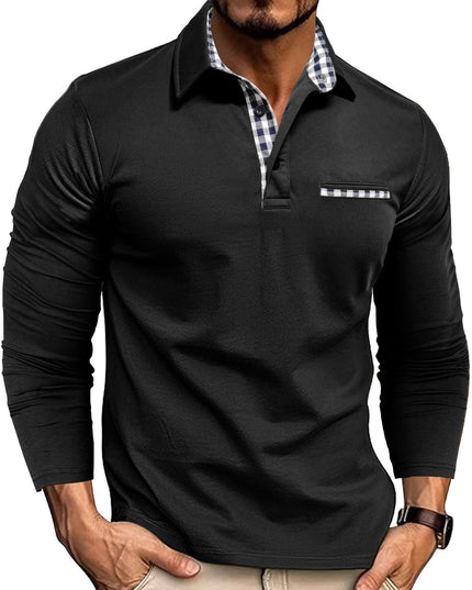 Casual Plaid Splicing Lapel Polo Shirt Fashion Solid Color Long Sleeve Top Men's Clothing