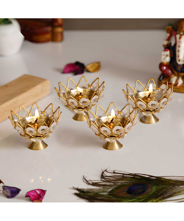 eCraftIndia Set of 4 Lotus Shape Crystal Tea Light Holder - Nexivo