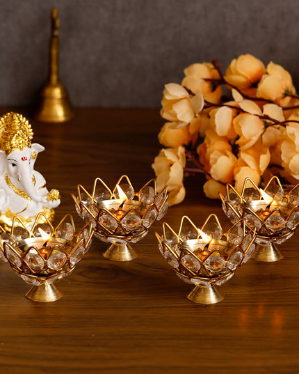 eCraftIndia Set of 4 Lotus Shape Crystal Tea Light Holder - Nexivo