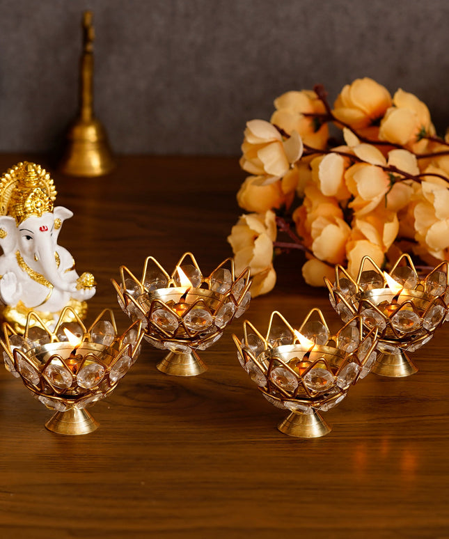 eCraftIndia Set of 4 Lotus Shape Crystal Tea Light Holder - Nexivo