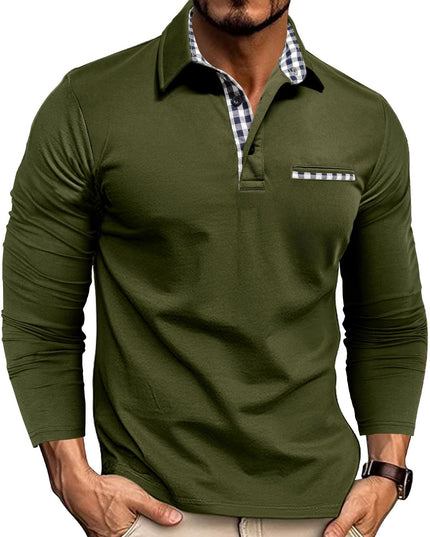 Casual Plaid Splicing Lapel Polo Shirt Fashion Solid Color Long Sleeve Top Men's Clothing