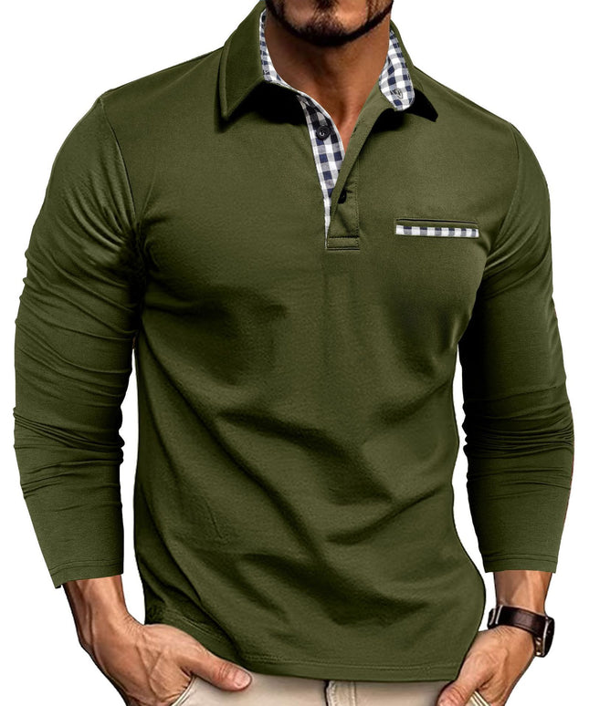 Casual Plaid Splicing Lapel Polo Shirt Fashion Solid Color Long Sleeve Top Men's Clothing
