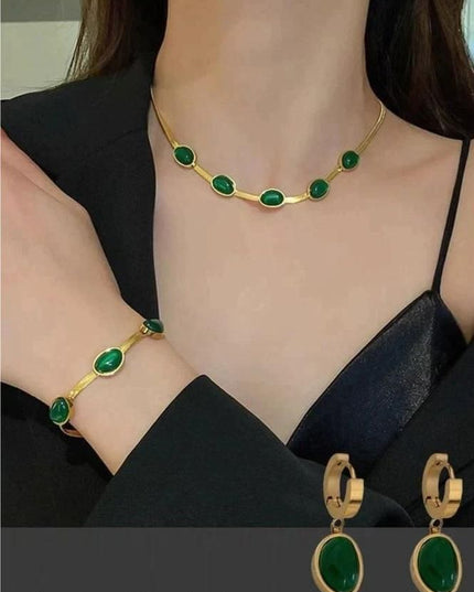Oval Green Crystal Pendant Necklace Set With Bracelet - Nexivo