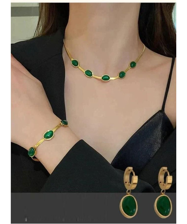 Oval Green Crystal Pendant Necklace Set With Bracelet - Nexivo