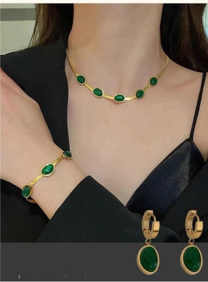 Oval Green Crystal Pendant Necklace Set With Bracelet - Nexivo