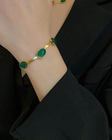 Oval Green Crystal Pendant Necklace Set With Bracelet - Nexivo