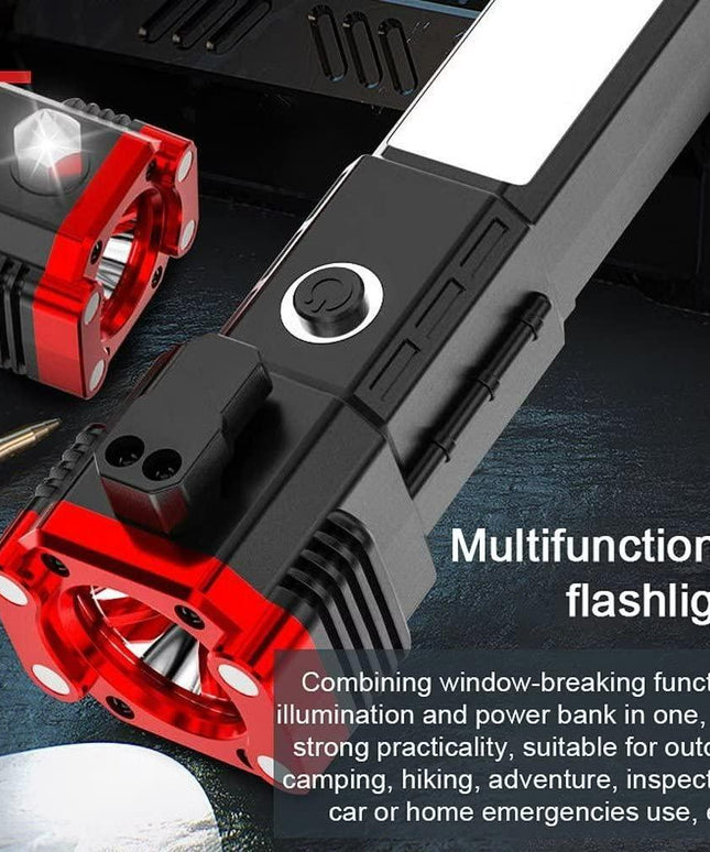 Portable LED Flashlight Multifunctional Work Light Power Bank Emergencies Safety Hammer Waterproof with Sidelight 4 Light Modes for Car Outdoor Camping Hiking Adventure Inspection Red yunfu - Nexivo