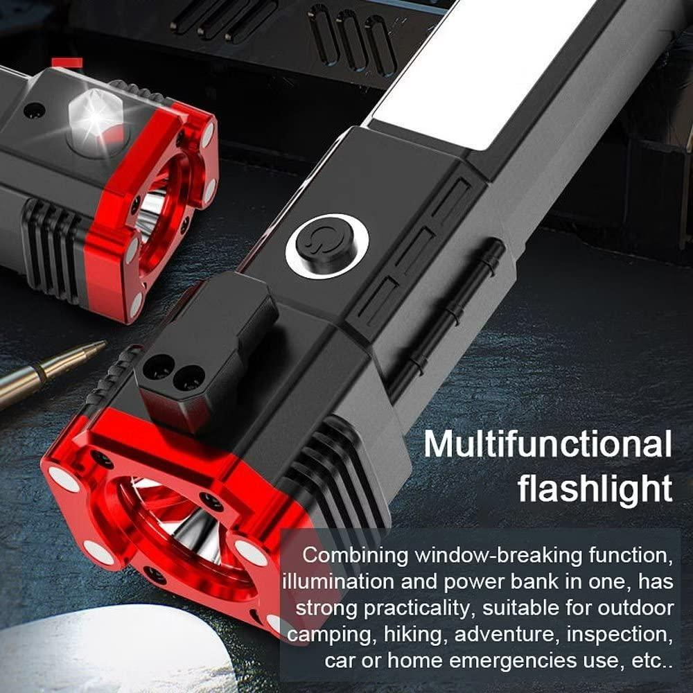 Portable LED Flashlight Multifunctional Work Light Power Bank Emergencies Safety Hammer Waterproof with Sidelight 4 Light Modes for Car Outdoor Camping Hiking Adventure Inspection Red yunfu - Nexivo