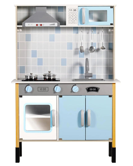 Kinder King Wooden Kids Play Kitchen Toy Kitchen Playset for Toddler Realistic Kitchen Sets w/Lights & Sounds Pretend Kitchen Hood Oven Kitchen Accessories Gift for Boys Girls Age 3+ Blue NexivoEdge