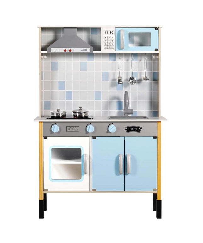Kinder King Wooden Kids Play Kitchen Toy Kitchen Playset for Toddler Realistic Kitchen Sets w/Lights & Sounds Pretend Kitchen Hood Oven Kitchen Accessories Gift for Boys Girls Age 3+ Blue NexivoEdge