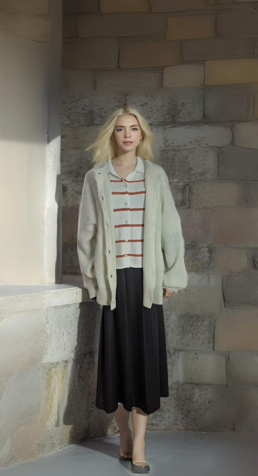 Women's Oversized Faux Cashmere Cardigan Sweater Gold Trim Clashing Button Knit Fashion Sweater Spring And Autumn Casual Fashion Cardigan Jacket - NexivoEdge